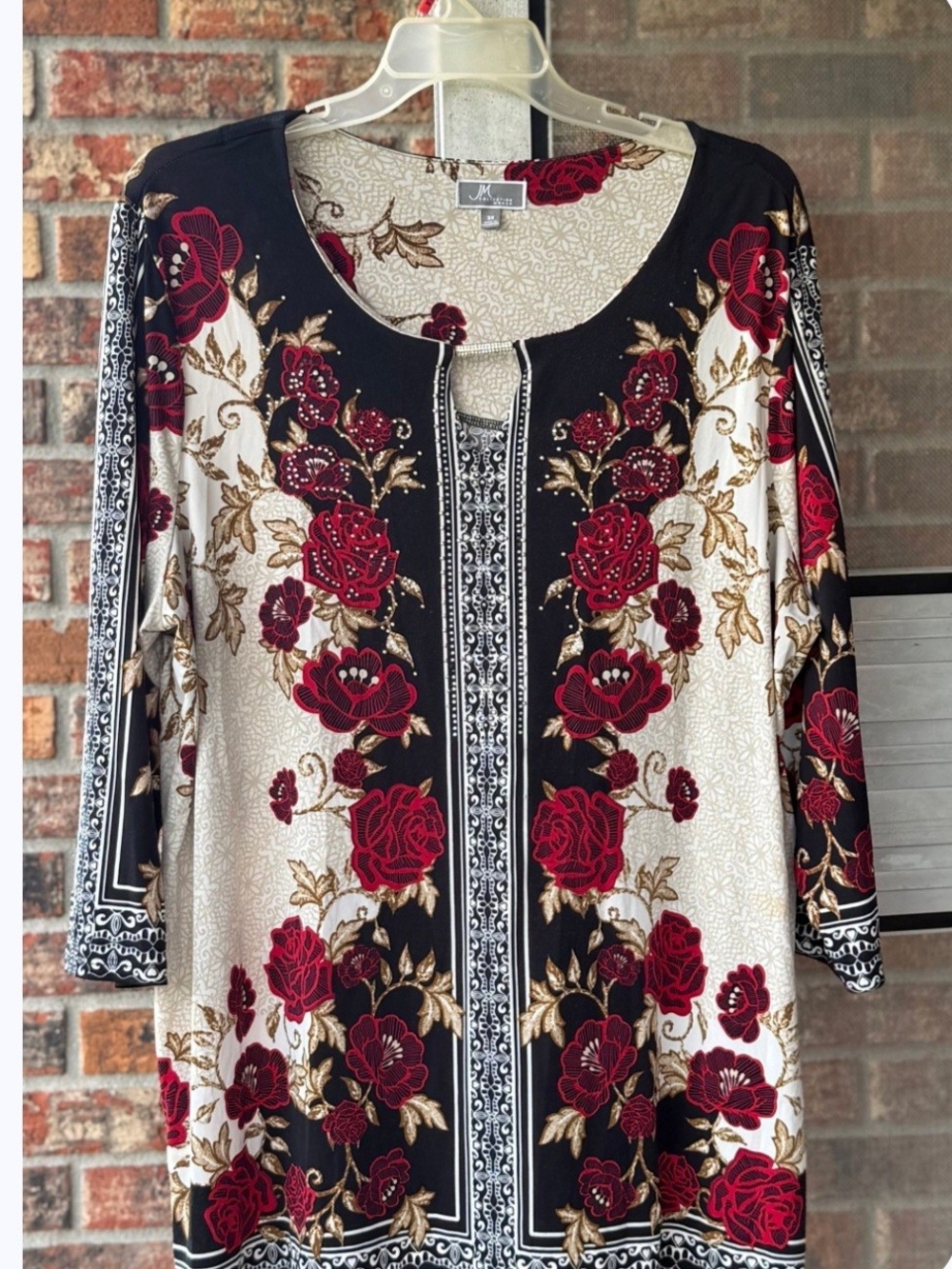 NWOT, JM Collection Black,Red,&Cream & 3/4 Sleeves, Pullover Tunic 3X